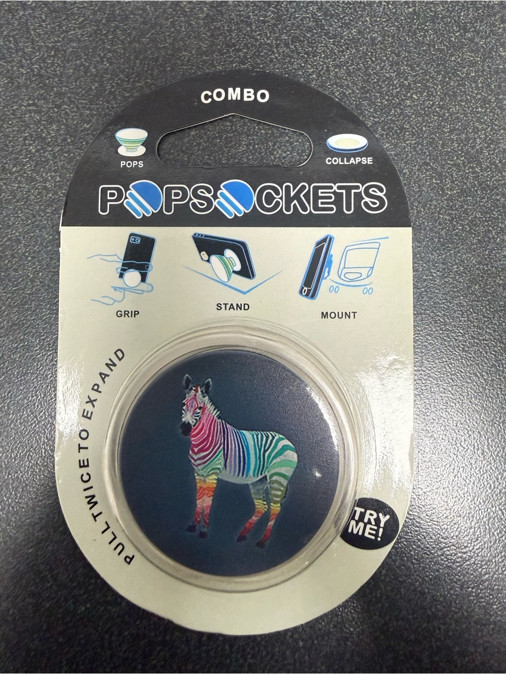 PopSocket Combo Phone Grip & Stand with Multicolor Zebra on Navy